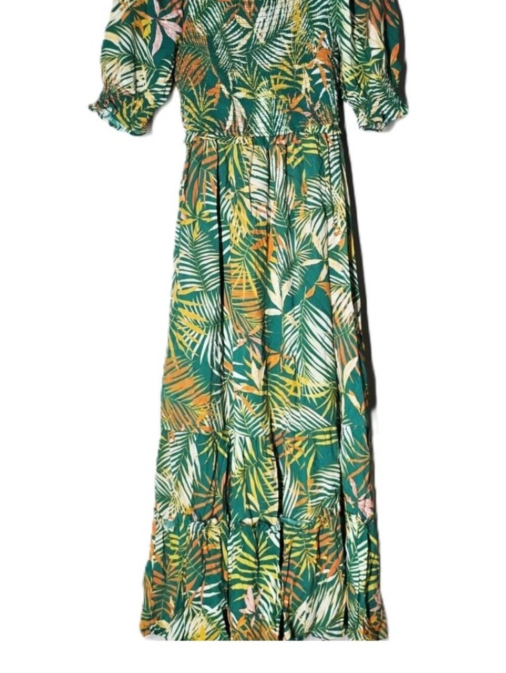 Betsey Johnson Sz XS Palm Leaf Print Smocked Tropica 1/2 Sleeve Maxi Dress Women